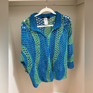 Jaded London Green & Blue Swirl Short Sleeve Crochet Shirt